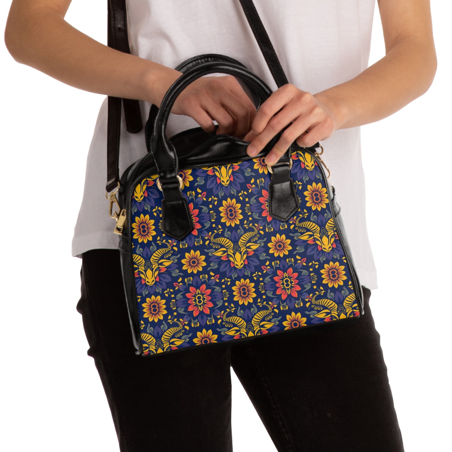 Shoulder Handbag, Taurus, Zodiac v1, Flower Pattern