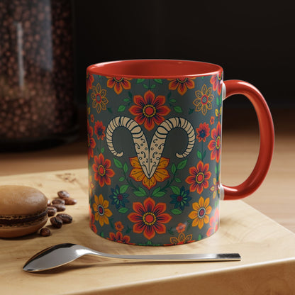 Accent Coffee Mug, Aries, Zodiac v4, Flower Pattern, (11, 15oz)