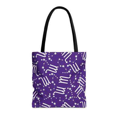 Tote Bag, Scorpio Zodiac Sign, AOP, (Purple, White)