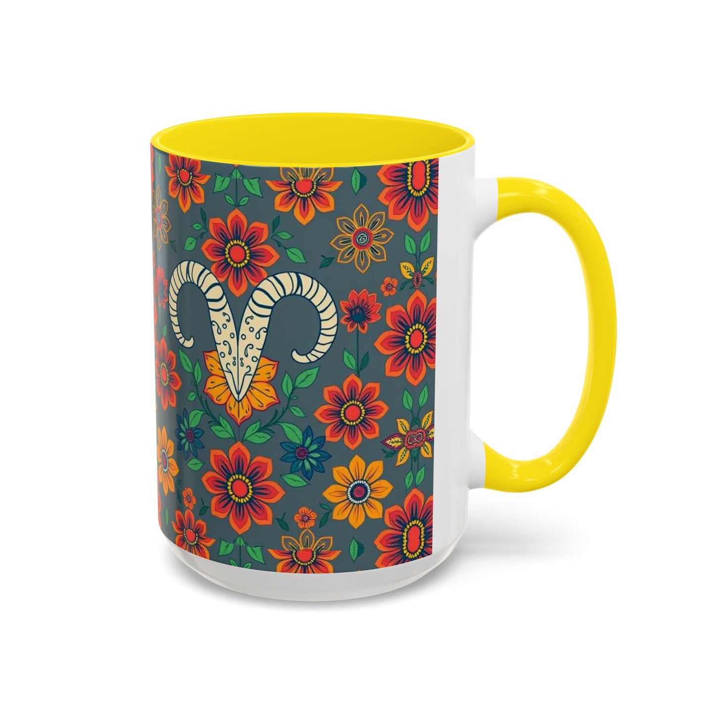Accent Coffee Mug, Aries, Zodiac v4, Flower Pattern, (11, 15oz)