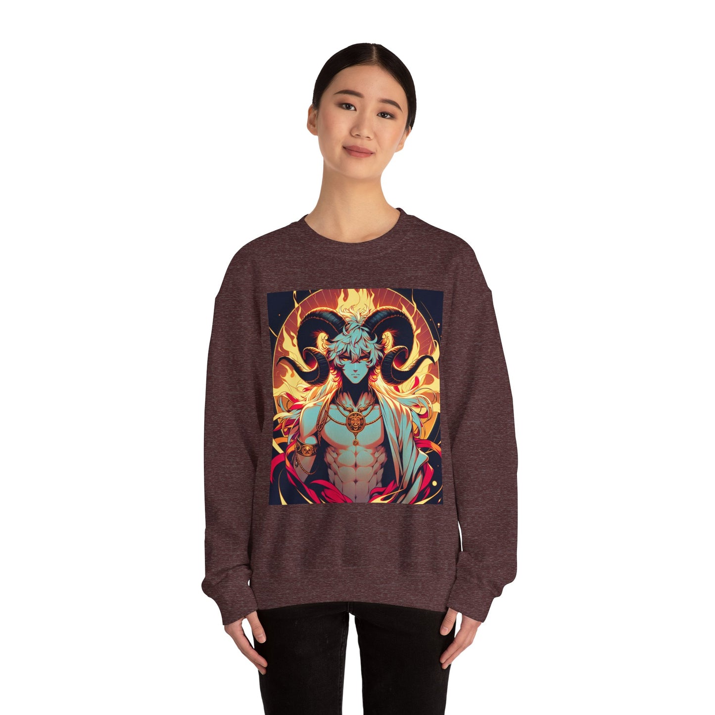 Unisex Heavy Blend™ Crewneck Sweatshirt, Anime Fire Aries, Zodiac Design