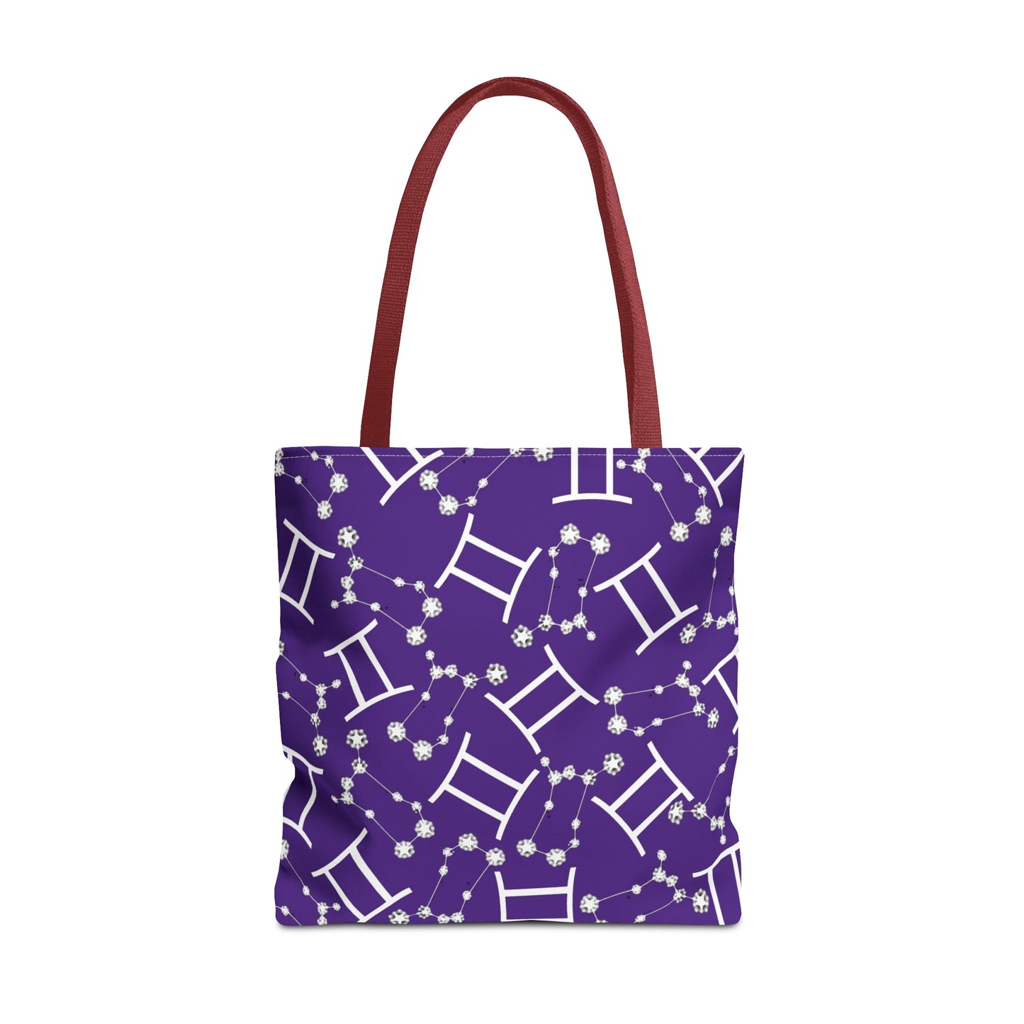Tote Bag, Gemini Zodiac Sign, AOP, (Purple, White Print)