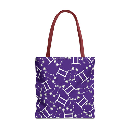 Tote Bag, Gemini Zodiac Sign, AOP, (Purple, White Print)