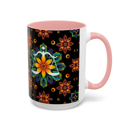 Accent Coffee Mug, Libra, Zodiac v4, Flower Pattern, (11, 15oz)