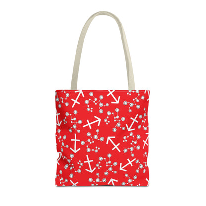Tote Bag, Sagittarius Zodiac Sign, AOP, (Red, White Print)