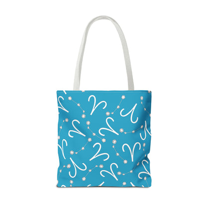 Tote Bag, Aries Zodiac Sign, AOP, (Turquoise, White)