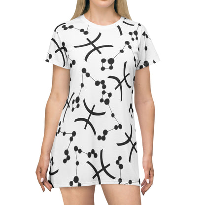 T-Shirt Dress (AOP), 100% Polyester, White thread color, Pisces Zodiac design