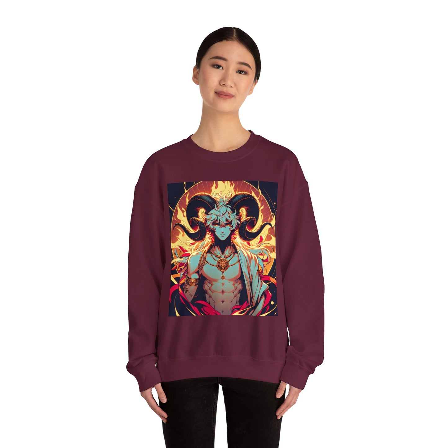 Unisex Heavy Blend™ Crewneck Sweatshirt, Anime Fire Aries, Zodiac Design