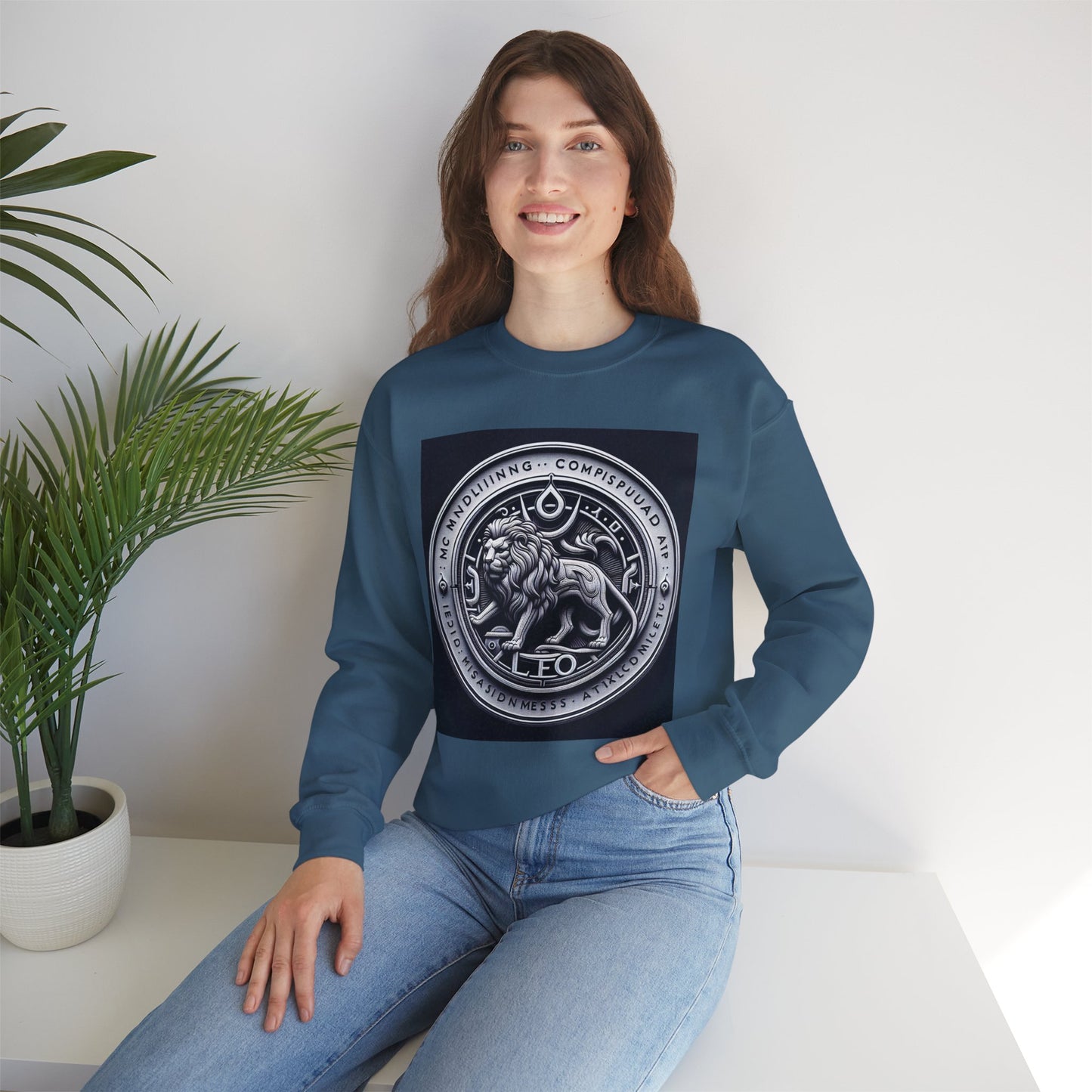 Unisex Heavy Blend™ Crewneck Sweatshirt, Lion Coin, Leo Zodiac Design