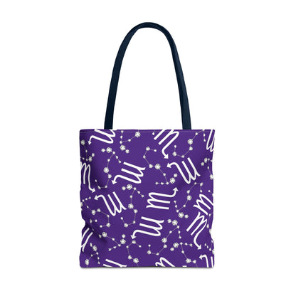 Tote Bag, Scorpio Zodiac Sign, AOP, (Purple, White)