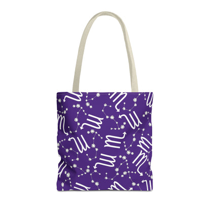 Tote Bag, Scorpio Zodiac Sign, AOP, (Purple, White)