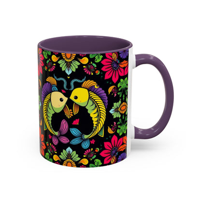 Accent Coffee Mug, Pisces, Zodiac v3, Flower Pattern, (11, 15oz)