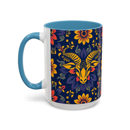 Accent Coffee Mug, Taurus, Zodiac v1. Flower Pattern, (11, 15oz)