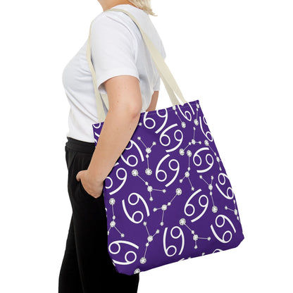 Tote Bag, Cancer Zodiac Sign, AOP, (Purple, White)