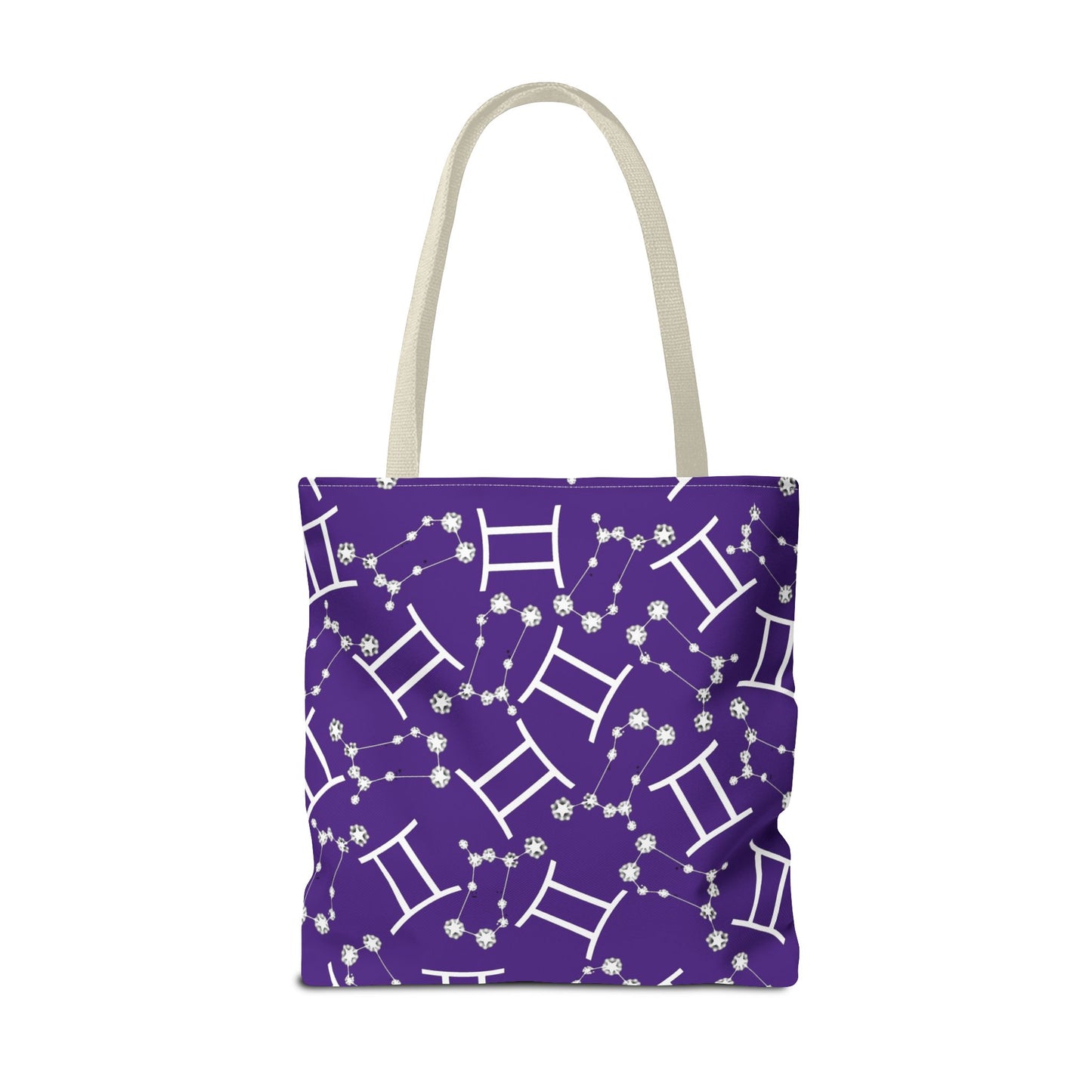 Tote Bag, Gemini Zodiac Sign, AOP, (Purple, White Print)
