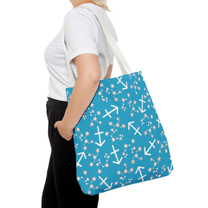 Tote Bag, Sagittarius Zodiac Sign, AOP, (Turquoise, White Print)