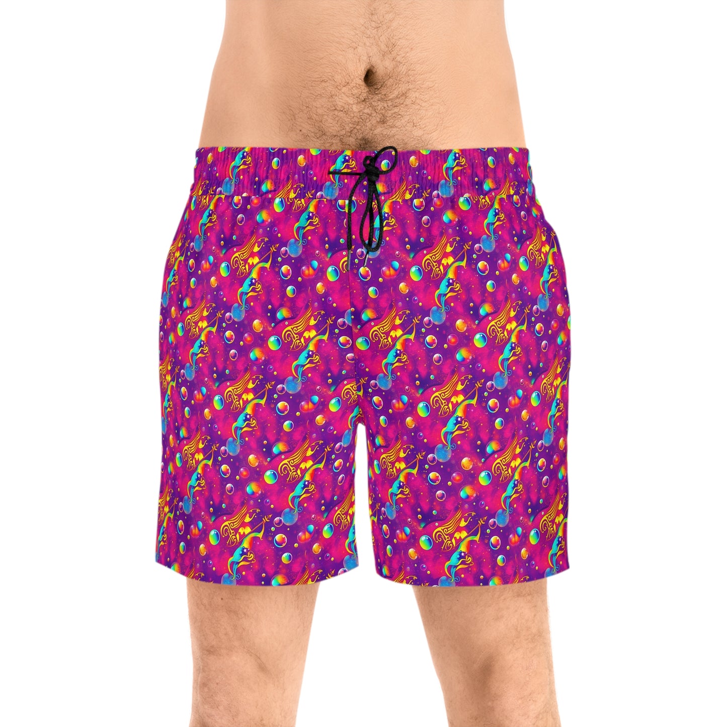 Men's Mid-Length Swim Shorts, (AOP), Sagittarius, Zodiac v3, Bubble Pattern