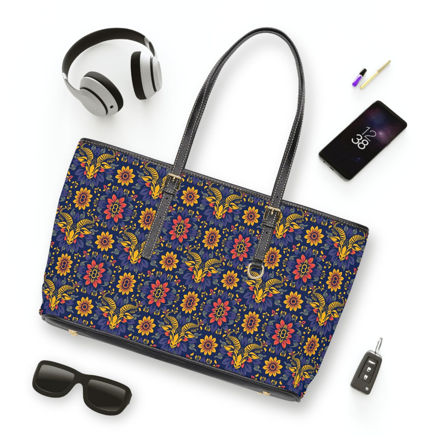 Leather Shoulder Bag, Taurus, Zodiac, Flower Pattern