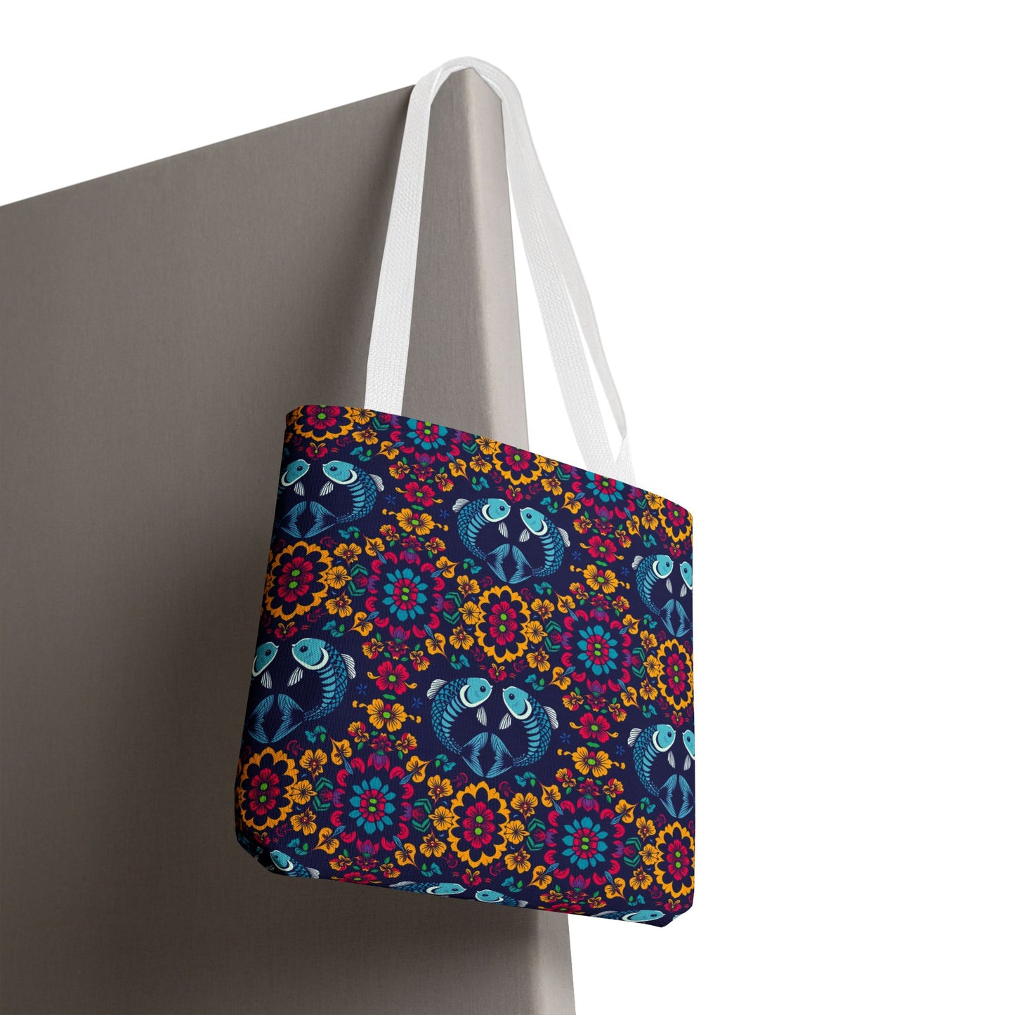 Tote Bag, (AOP), Pisces, Zodiac v3, Flower Pattern