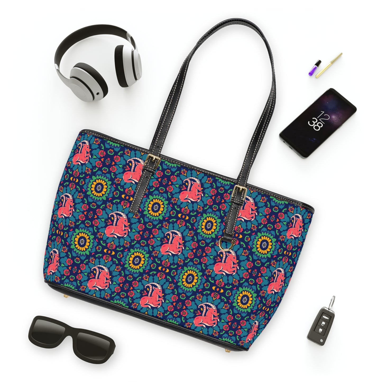 Leather Shoulder Bag, Capricorn, Zodiac v1, Flower Pattern