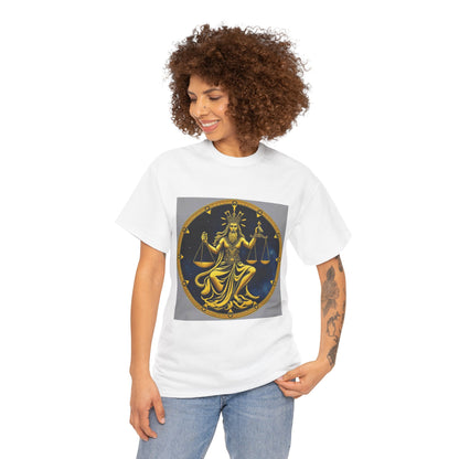 Unisex Heavy Cotton T-Shirt, Gold Libra God, Zodiac Design