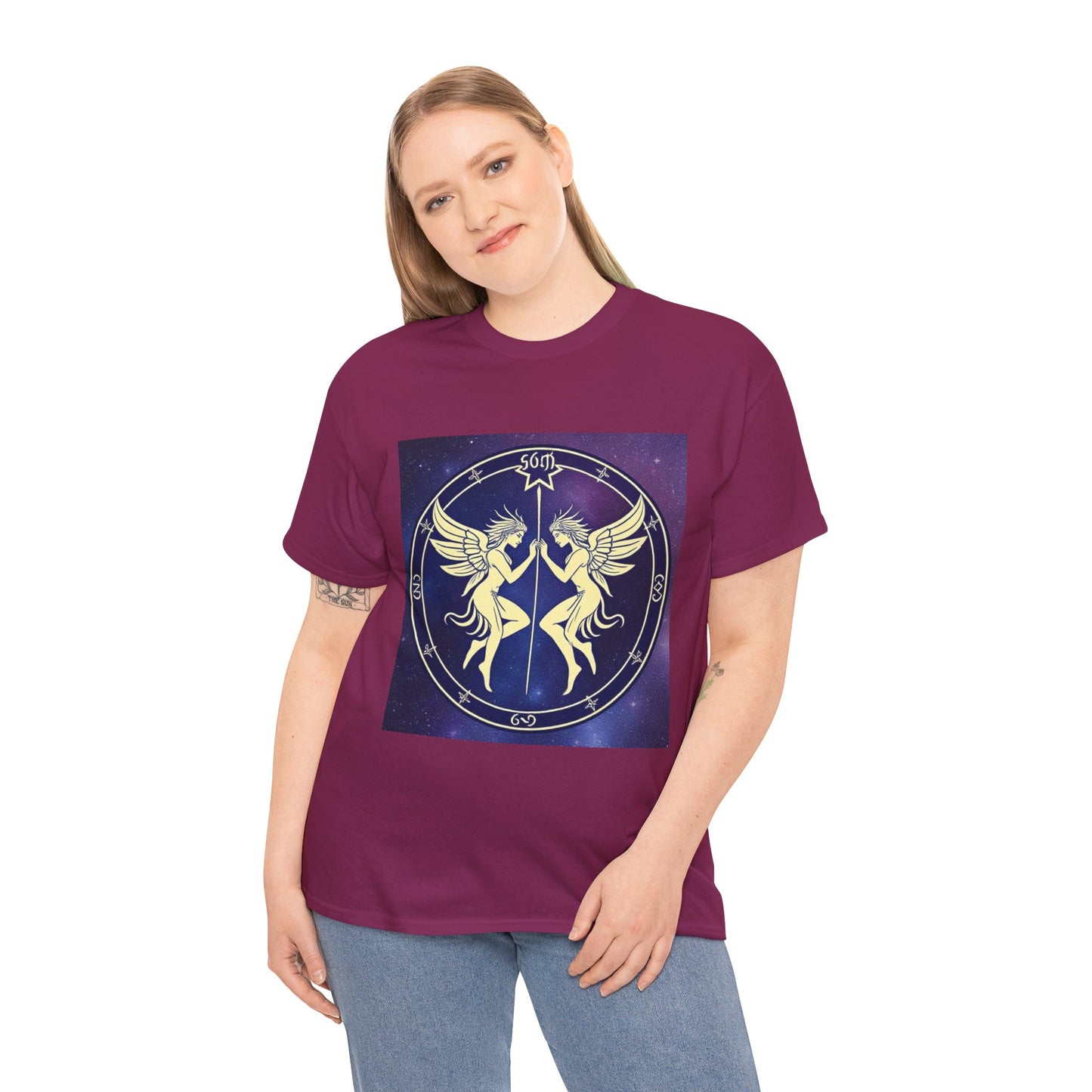 Unisex Heavy Cotton T-Shirt, Space Angel Twins v1, Gemini Zodiac Design