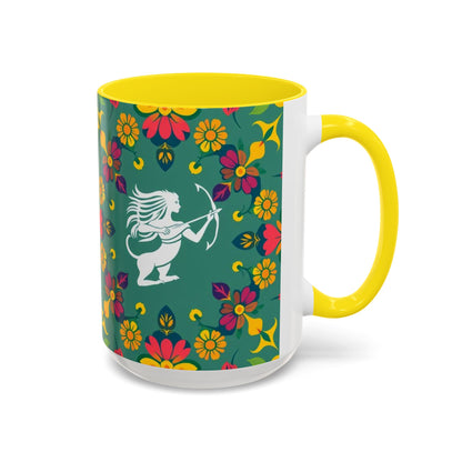 Accent Coffee Mug, Sagittarius, Zodiac. Flower Pattern, (11, 15oz)