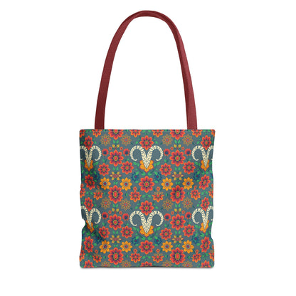 Tote Bag, (AOP), Aries, Zodiac v1, Flower Pattern