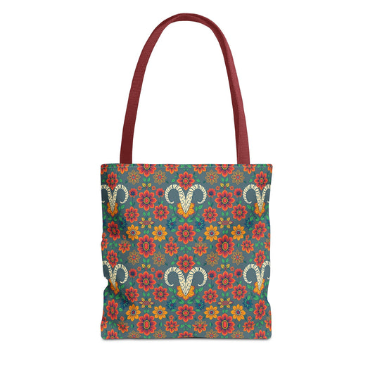 Tote Bag, (AOP), Aries, Zodiac v1, Flower Pattern