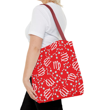 Tote Bag, Virgo Zodiac Sign, AOP, (Red, White)