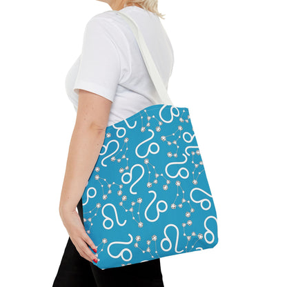 Tote Bag, Leo Zodiac Sign, AOP, (Turquoise, White)