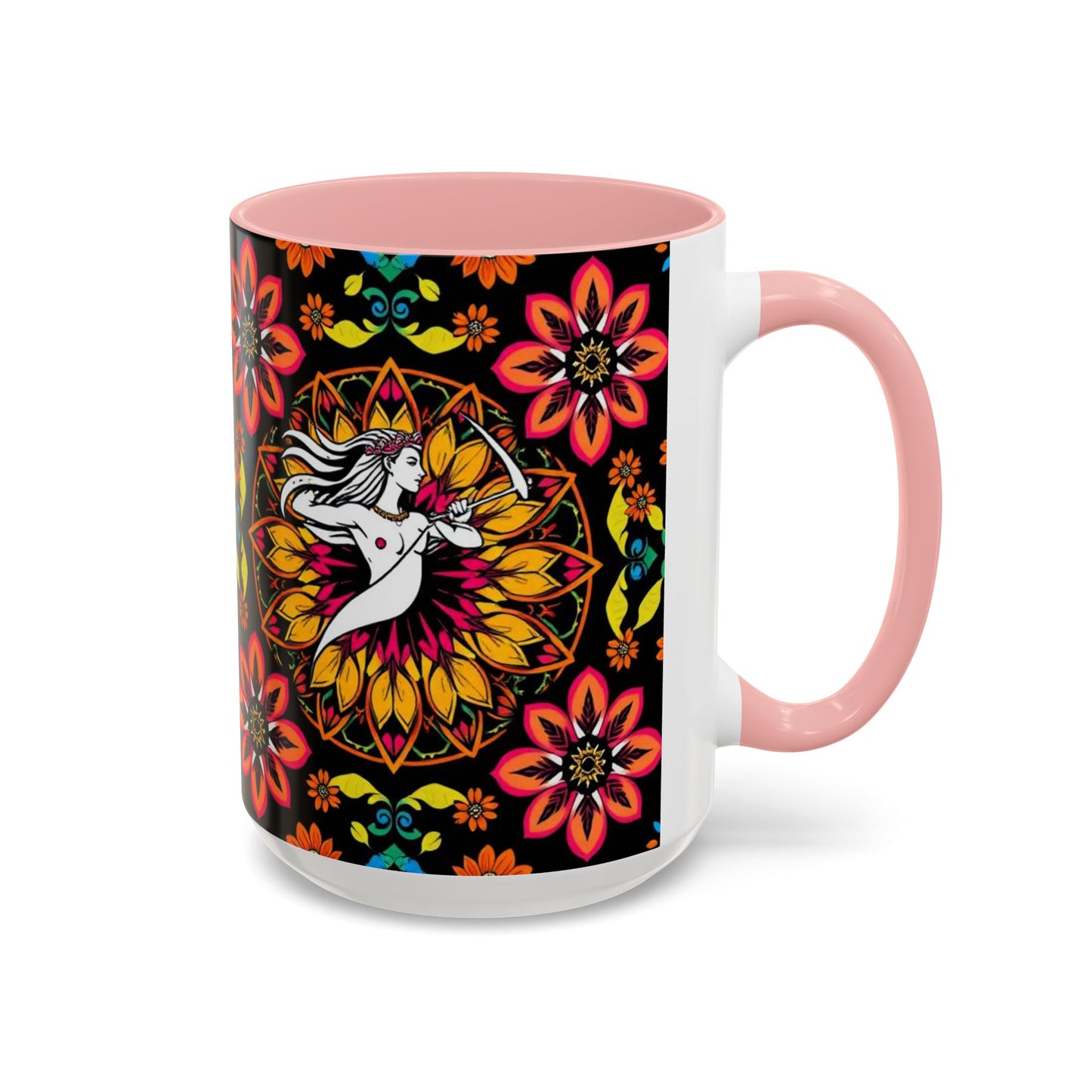 Accent Coffee Mug, Sagittarius, Zodiac v2. Flower Pattern, (11, 15oz)