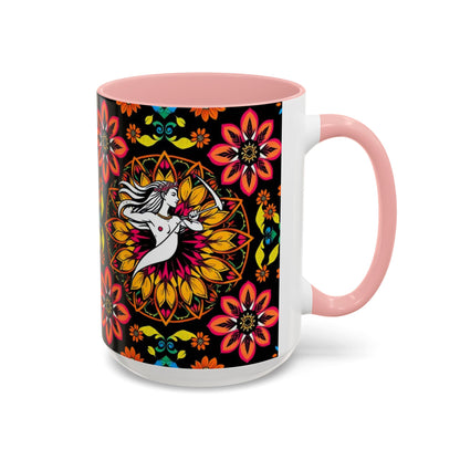 Accent Coffee Mug, Sagittarius, Zodiac v2. Flower Pattern, (11, 15oz)