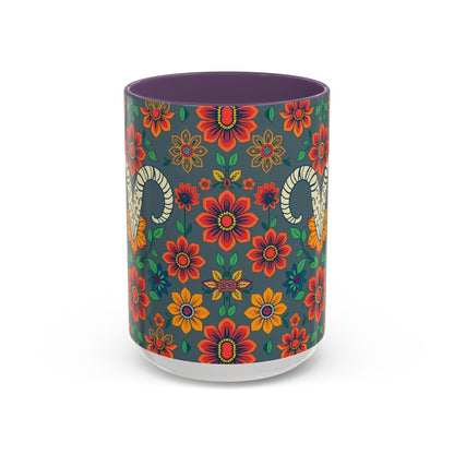 Accent Coffee Mug, Aries, Zodiac v4, Flower Pattern, (11, 15oz)