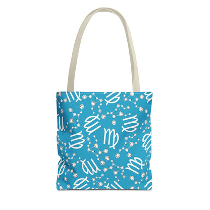 Tote Bag, Virgo Zodiac Sign, AOP, (Turquoise, White)