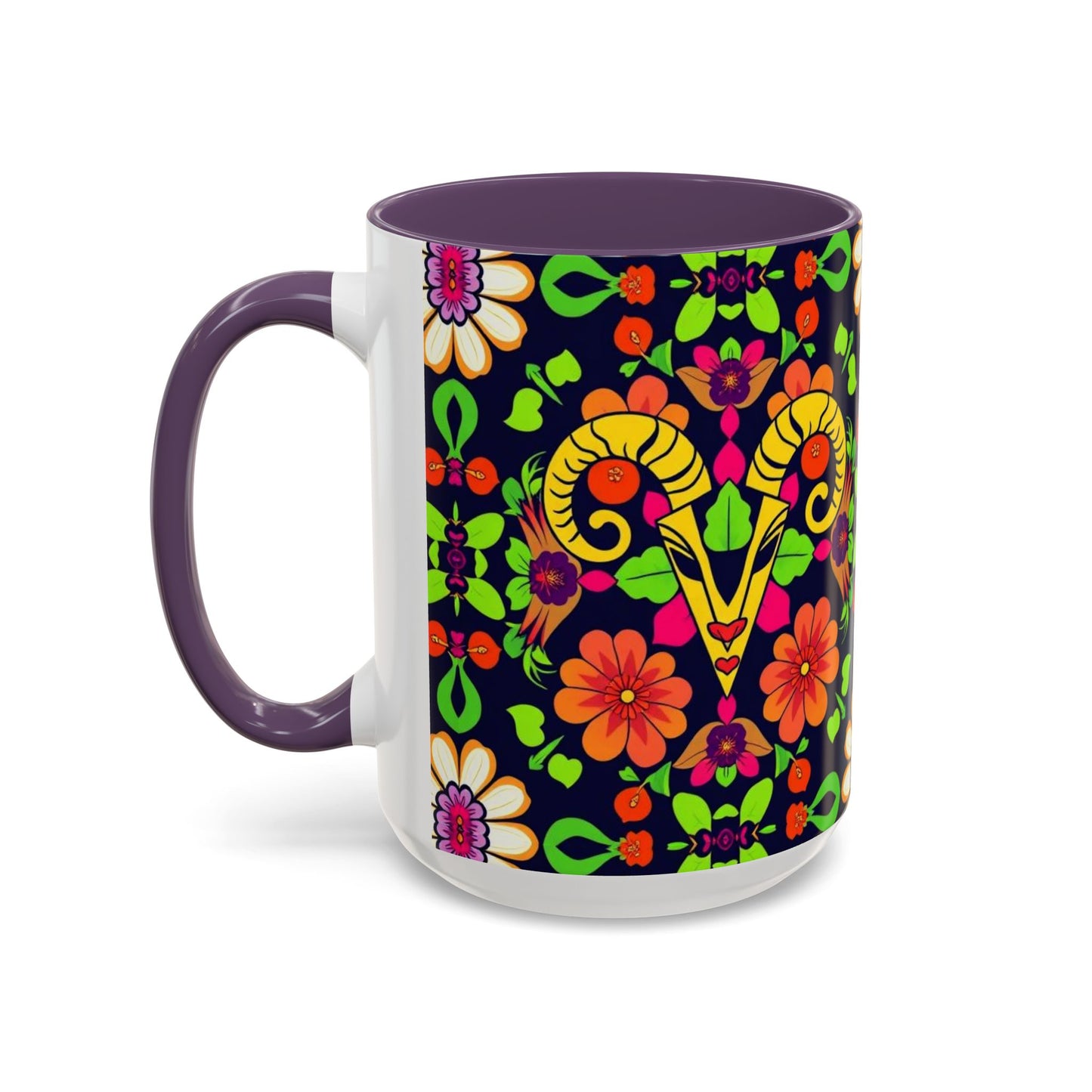 Accent Coffee Mug, Aries, Zodiac v2, Flower Pattern, (11, 15oz)