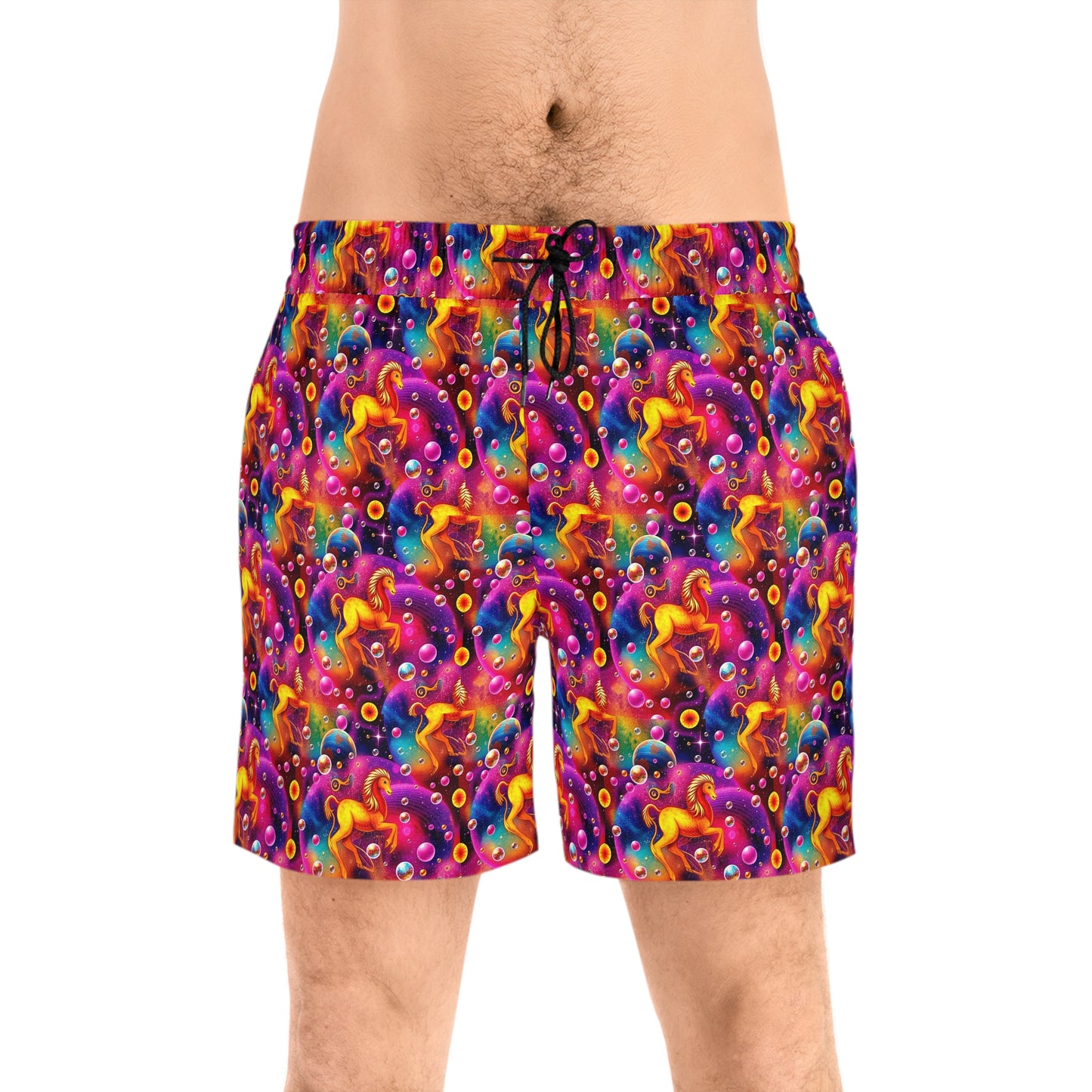 Men's Mid-Length Swim Shorts, (AOP), Virgo, Zodiac v1, Bubble Pattern