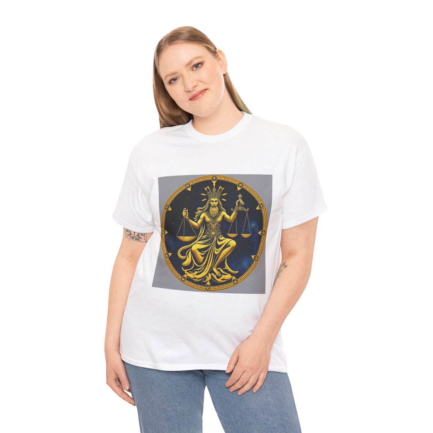Unisex Heavy Cotton T-Shirt, Gold Libra God, Zodiac Design