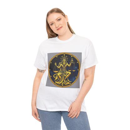 Unisex Heavy Cotton T-Shirt, Gold Libra God, Zodiac Design