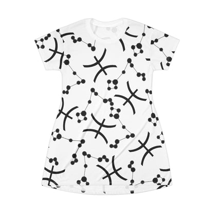 T-Shirt Dress (AOP), 100% Polyester, White thread color, Pisces Zodiac design