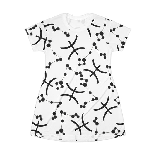 T-Shirt Dress (AOP), 100% Polyester, White thread color, Pisces Zodiac design