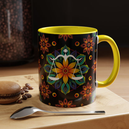 Accent Coffee Mug, Libra, Zodiac v4, Flower Pattern, (11, 15oz)