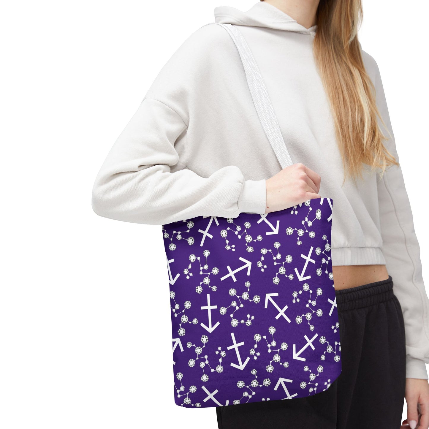 Tote Bag, Sagittarius Zodiac Sign, AOP, (Purple, White Print)
