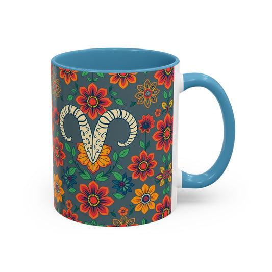 Accent Coffee Mug, Aries, Zodiac v4, Flower Pattern, (11, 15oz)