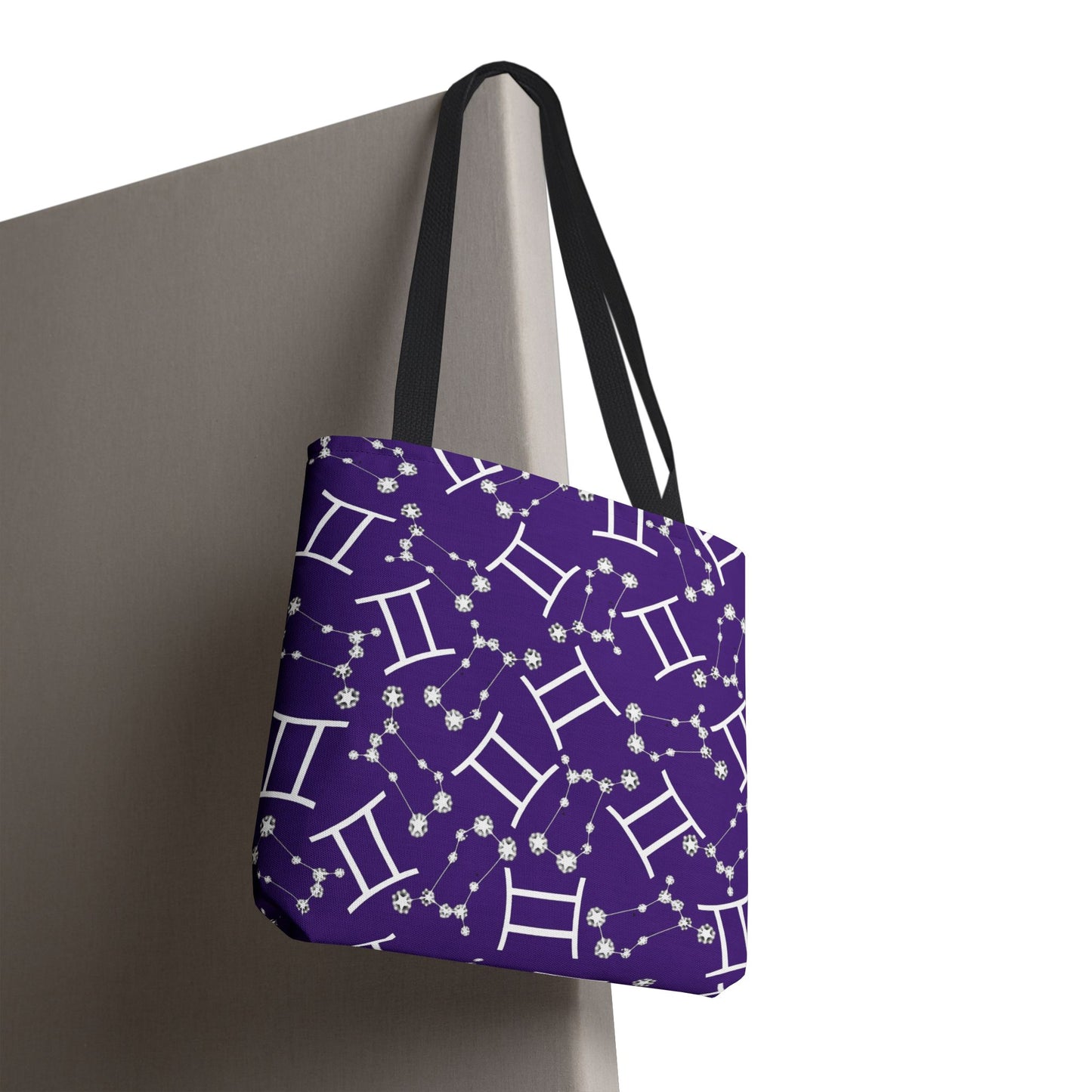 Tote Bag, Gemini Zodiac Sign, AOP, (Purple, White Print)