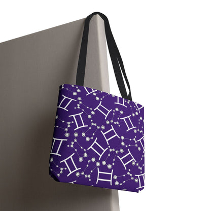 Tote Bag, Gemini Zodiac Sign, AOP, (Purple, White Print)