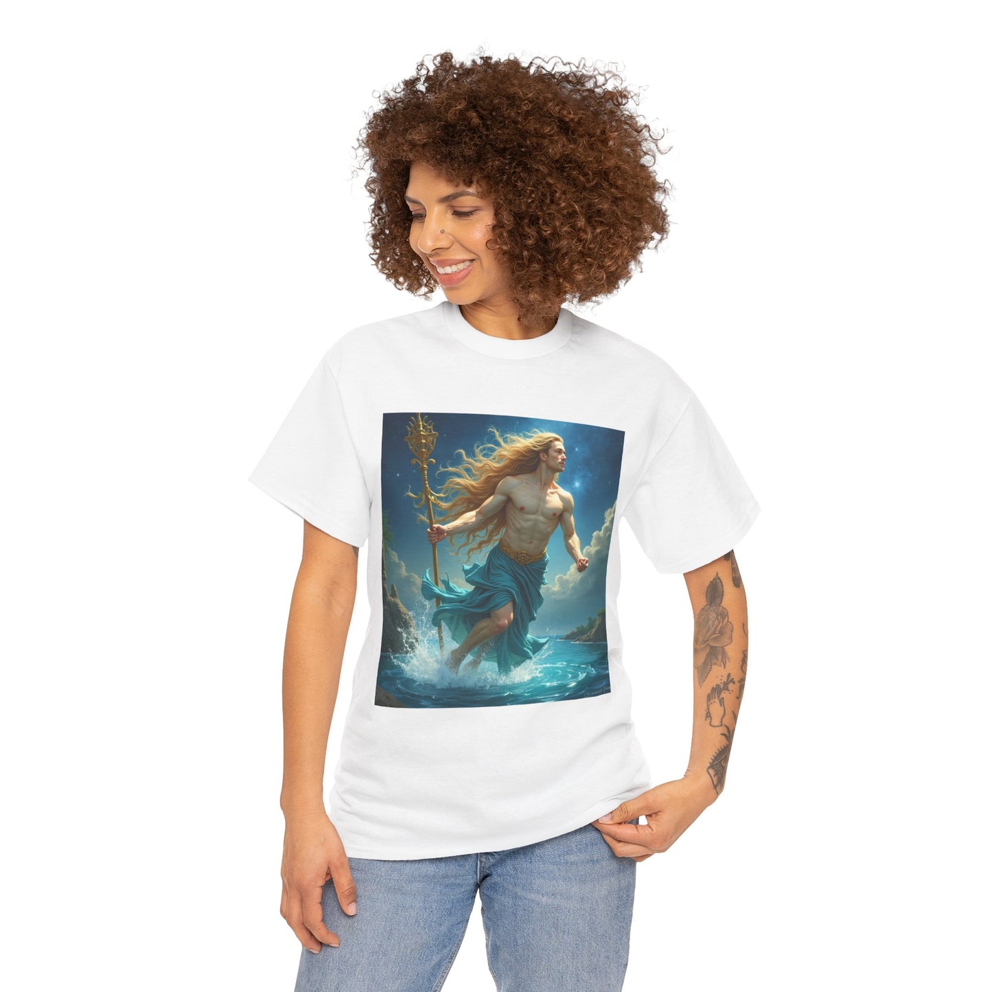 Unisex Heavy Cotton T-Shirt, Aquarius God 4v, Zodiac Design
