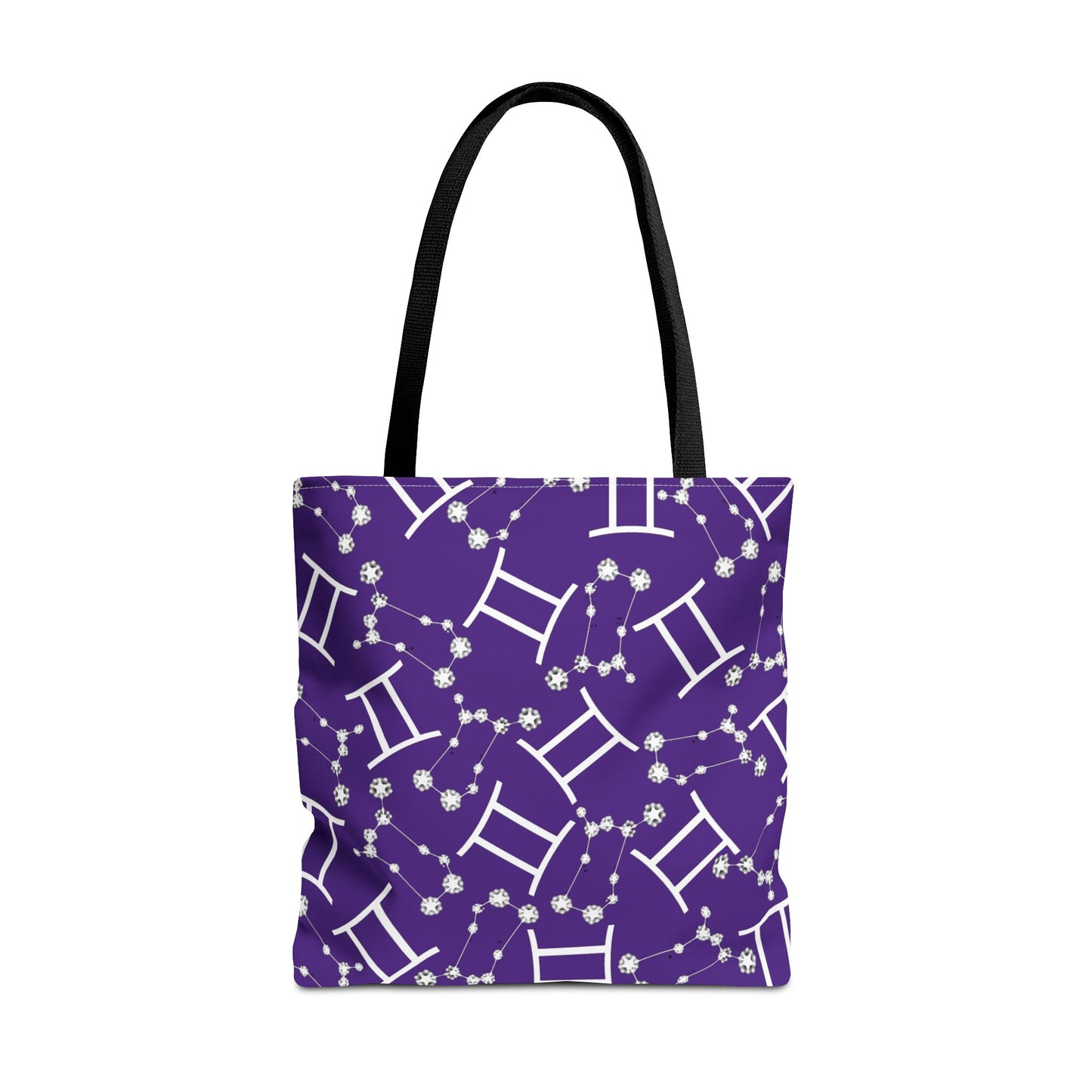 Tote Bag, Gemini Zodiac Sign, AOP, (Purple, White Print)