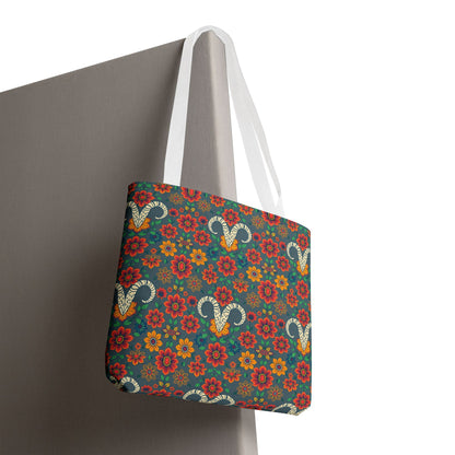 Tote Bag, (AOP), Aries, Zodiac v1, Flower Pattern