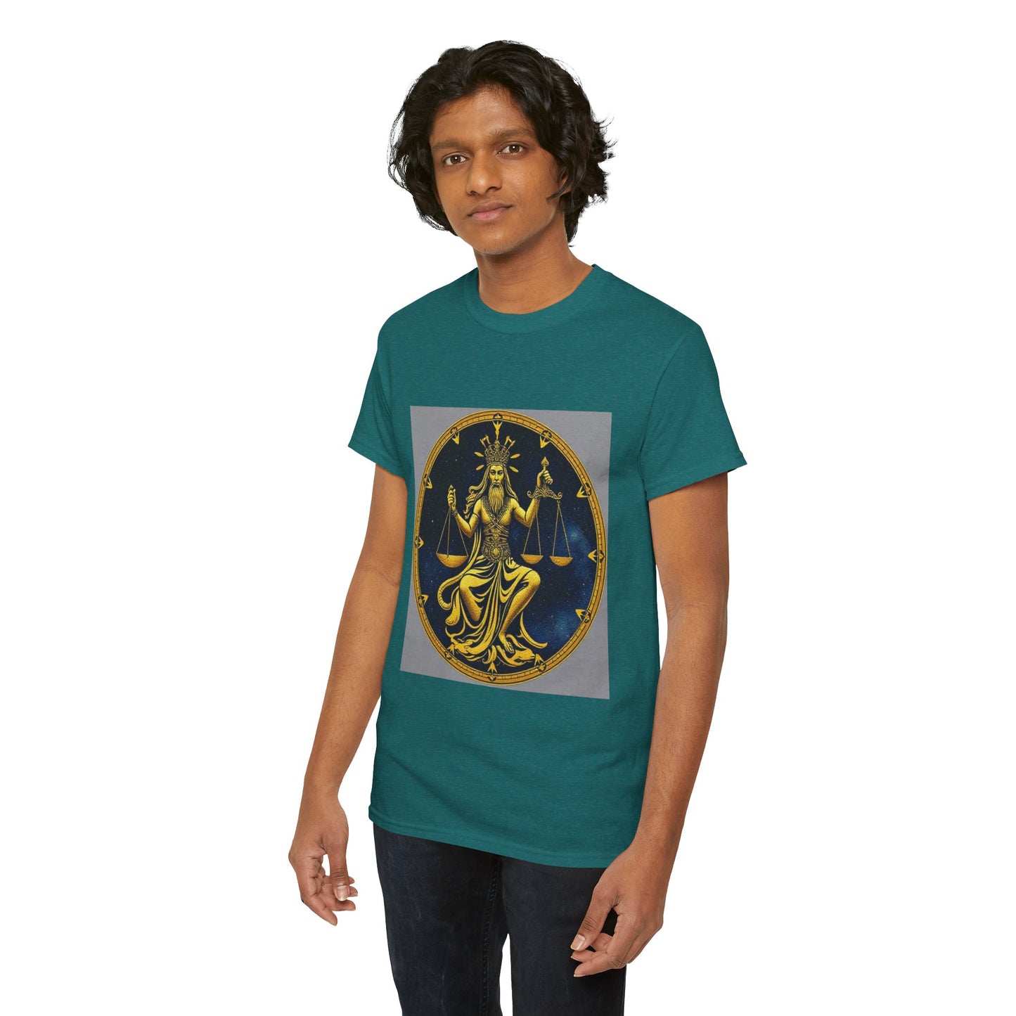 Unisex Heavy Cotton T-Shirt, Gold Libra God, Zodiac Design